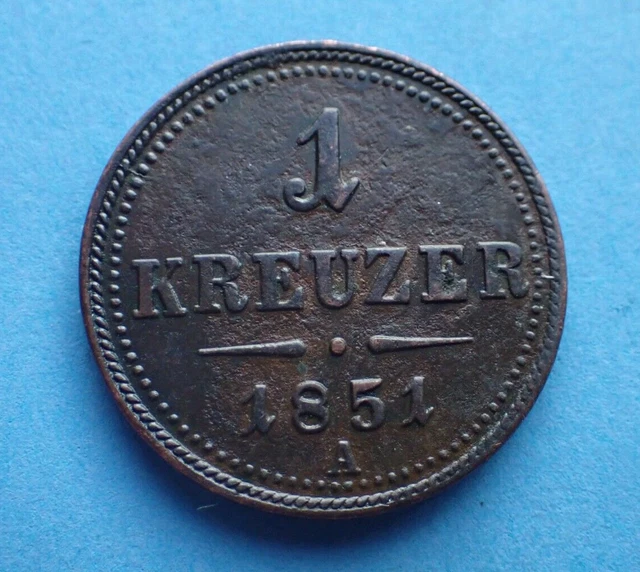 Austria, 1 Kreuzer 1851 A, as shown.