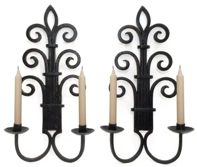 Early 20Th C Antique Pr Tudor-Style Black Enamel Painted Cast Iron Wall Sconces