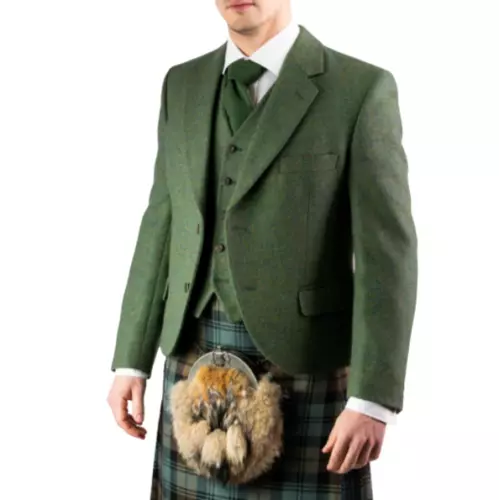 100% Tweed Lovat Green Kilt Jacket And 5 Buttons Waistcoat Vest Lined With Satin