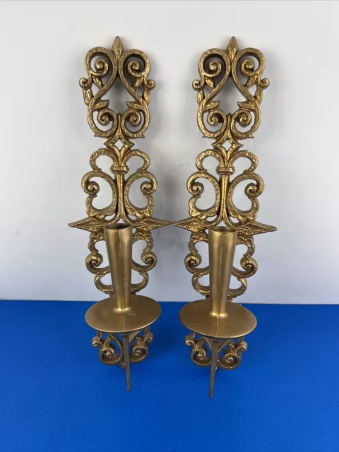 2 Vintage MCM Burwood Wall Sconces Gold Scroll Wall Candle Holders #4455