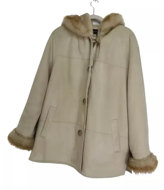 Portrait Faux Suede Hooded Cuffs Sherpa Coat Women's Size L Long Sleeves Cream