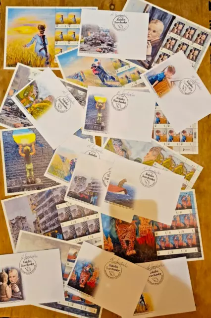 Sellos postales de la guerra de Ucrania GRAN CONJUNTO 11 sellos de hoja...