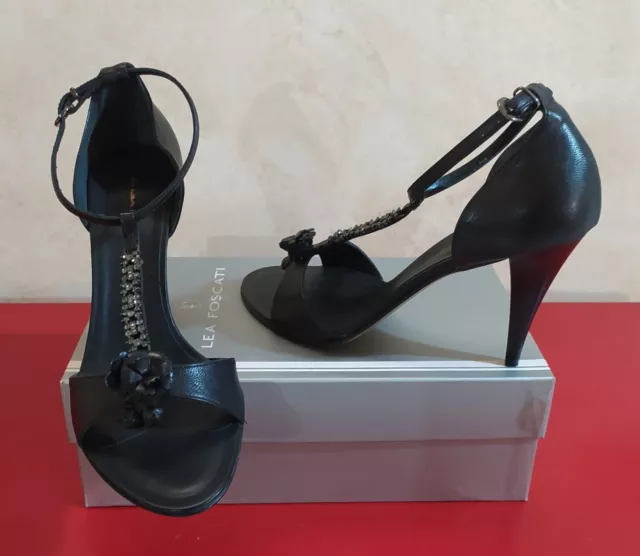 Sandali LEA FOSCATI Pelle Nero Tg. 39 Suola in Vero Cuoio -MADE IN ITALY-NUOVO
