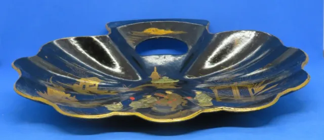 Chinese black lacquered vintage Victorian antique chinoiserie crumb tray dish 3