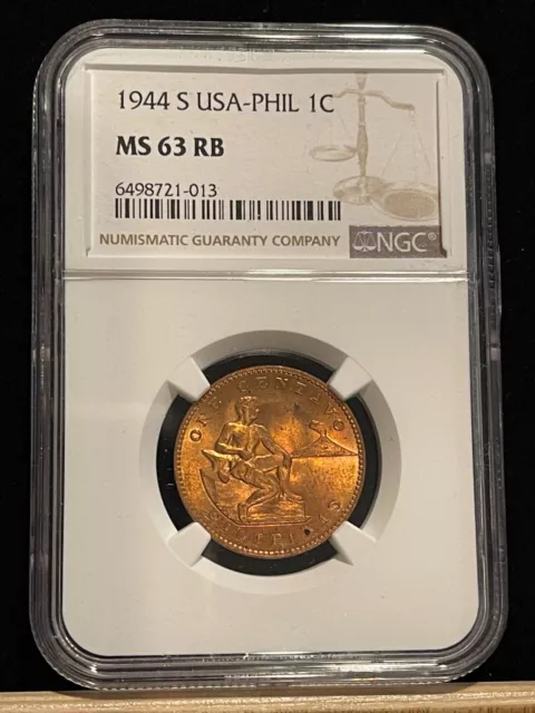 PHILIPPINES 1 Cent 1944-S, NGC MS63 RB, Mostly Red, Bright Example . A23