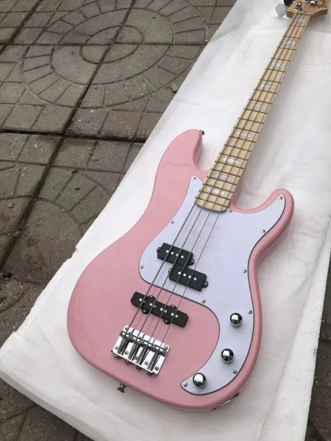 Custom 4 String Precision Bass Pink Gloss Paint Body Maple Neck White Pickguard