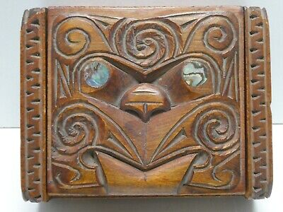 Vintage Wooden Tiki Carved Treasure Box New Zealand Maori Art Paua Shell Eyes