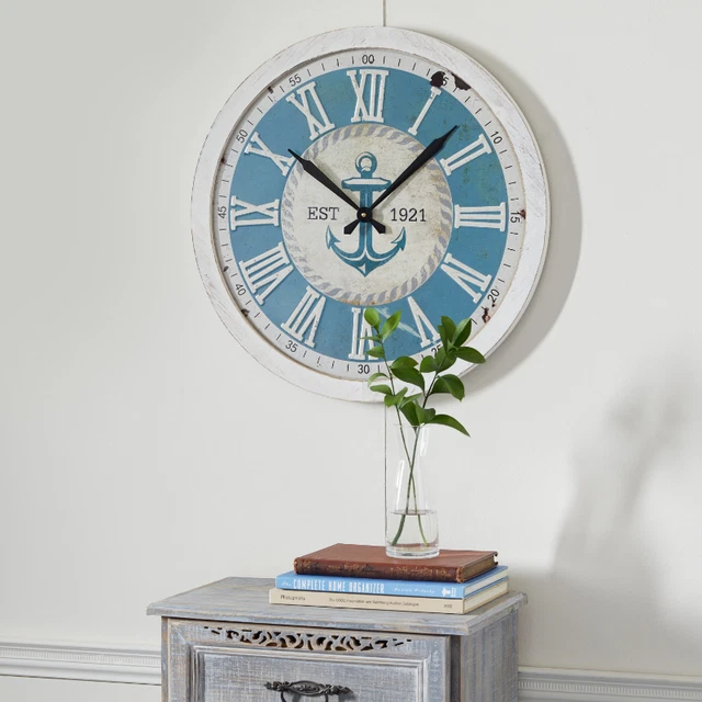 24" White Metal Anchor Wall Clock Round Rustic Finish Creative Mold of Iron Wood