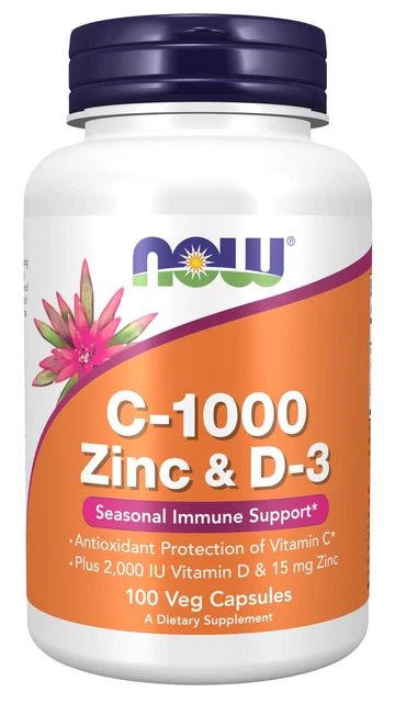 NOW SUPPLEMENTS, C-1000 Zinc & D-3, Seasonal Immune Support*, 100 Veg ...