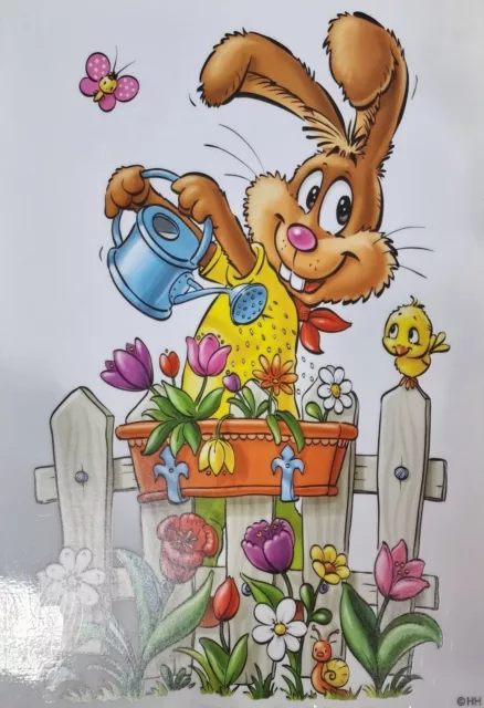 XL Ostern Fensterbild BUNT Osterhase gießt Blumen am Zaun mit Küken + Gießkanne