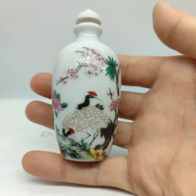 Chinese Vintage Porcelain Exquisite Painted Flowers crane Bird Snuff Bottles Art