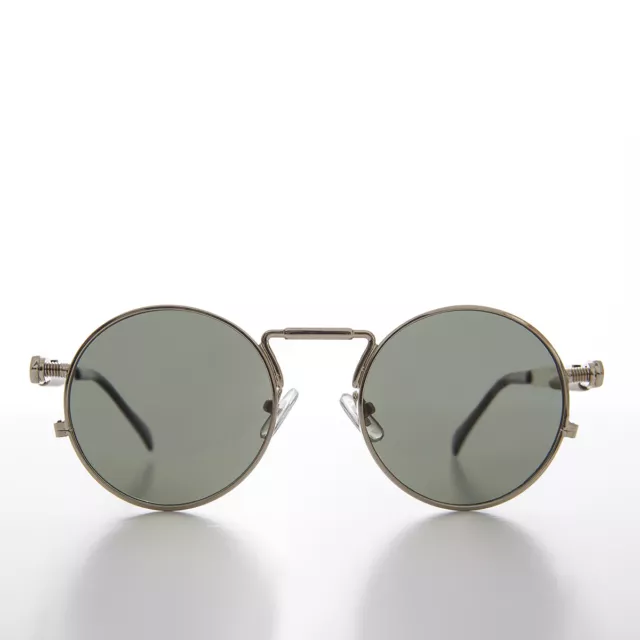 Round Silver Goth Steampunk Sunglass Green Lens- Ivan