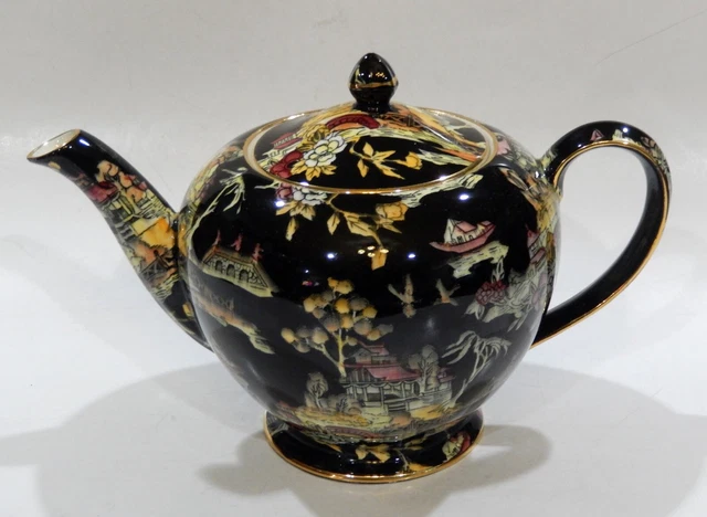 1950s Royal Winton Chintz PEKIN 8 Cup TEAPOT Hand Painted Oriental Black Color