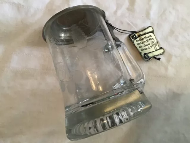 Kristall-Glas Bierseidel mit Zinndeckel, 0,3l. mundgeblasen, handgeschliffen