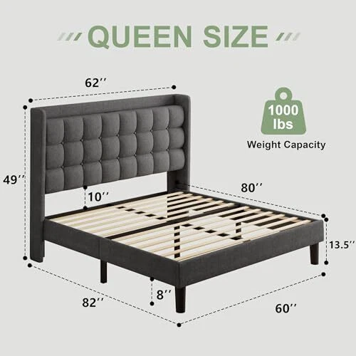 BED FRAME WITH Charging Station, Upholstered Platform Bed Queen Dark