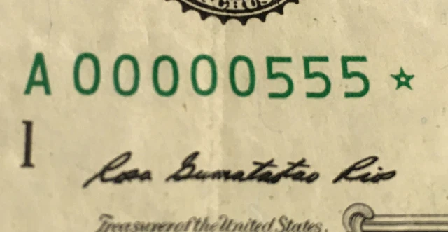 Low Serial Number $1 One Dollar Star Note Five Zeros A00000555 Trinary Scarce!!