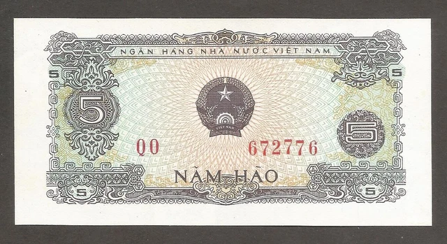Vietnam 5 Hao 1976; UNC; P-79a; L-B307a; Three canoes, Coconut palms