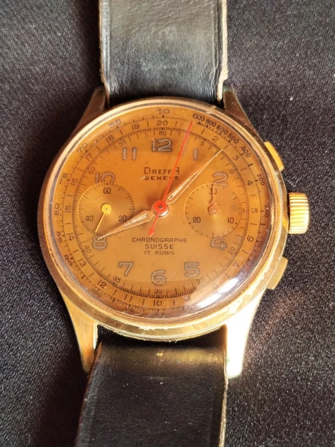 Montre Vintage Suisse Geneve Chronographe - 17 Rubis - Boîtier Doré, Bracelet Cuir Noir - Occasion