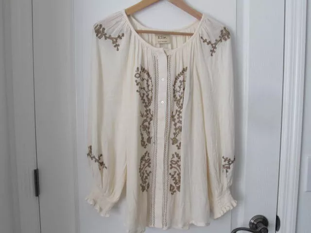 Elie Tahari  Womens  Embroidered Button Up Top Rayon Boho Long Puffy Sleeve