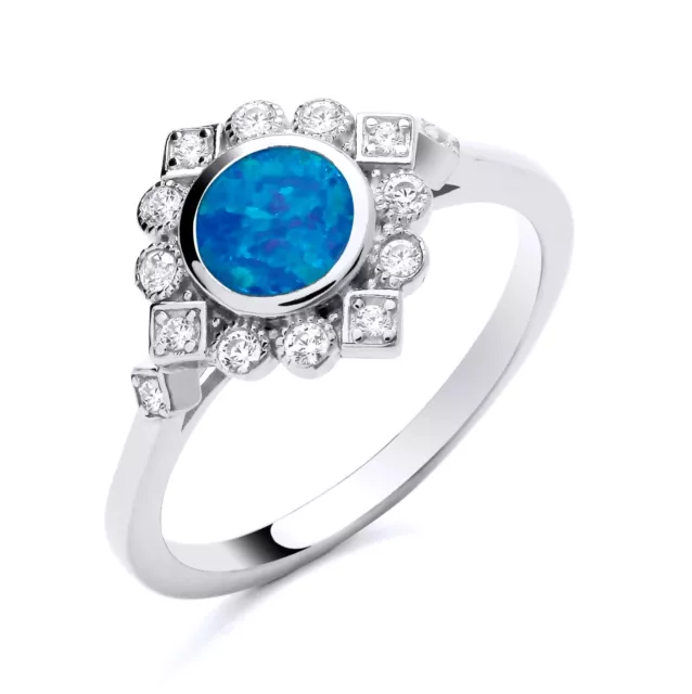 925 Sterling Silver Blue Opal Cabochon & CZ Art Deco Cluster Ring size J to S