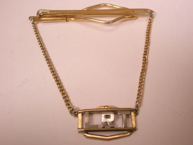 /LRT Monogram Initial Letter Cuban Link Chain Vintage Pendant Tie Bar Clip
