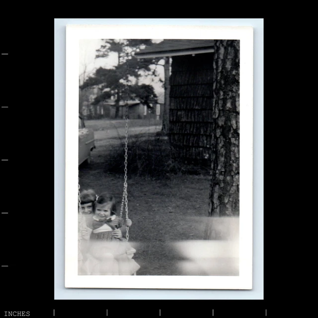 Old Vintage Photo BAD CROP ADORABLE GIRLS ON SWING ABSTRACT SURREAL GHOST LIGHT