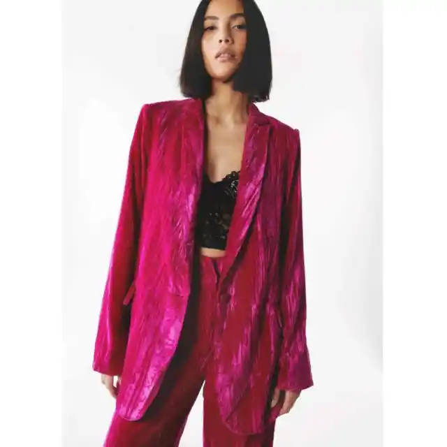 Nasty Gal Crushed Velvet Co-Ord Single Breasted Blazer Bright Pink 10