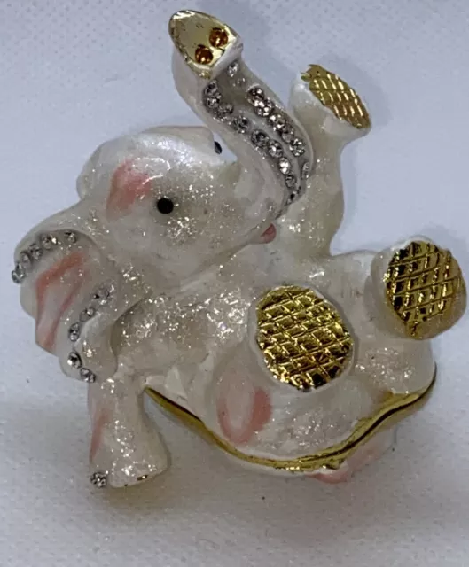 Bejeweled Hinged Trinket Box White Elephant Very Cute 
