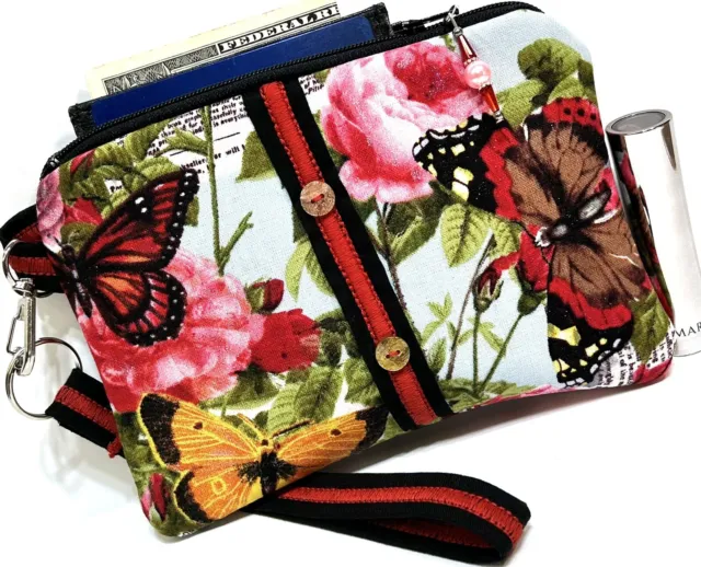 Butterflies-Pink-Roses-Handmade-Money-Coin-ID-Credit Card-Wristlet-Purse-Pouch
