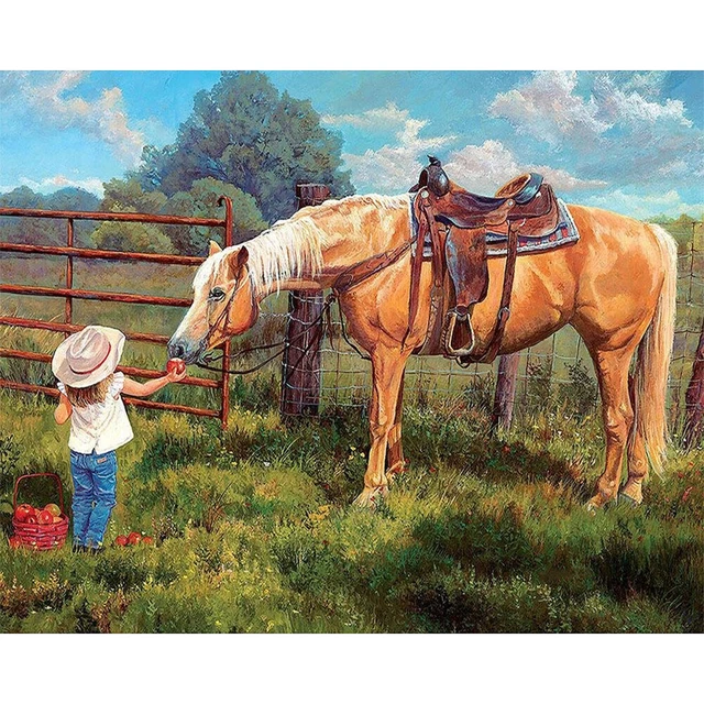 Feeding Horse Girl Frameless Picture Oil Paint By Numbers Hand Painted Kits