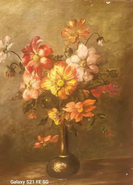 Tableau signée LOUISE AUDEBERT. Bouquet de Fleurs. Peinture huile sur toile.