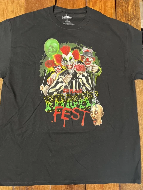 Six Flags Fright Fest Merchandise
 XL SIX FLAGS Fright Fest Clown Horror Shirt Halloween Gore Graphic