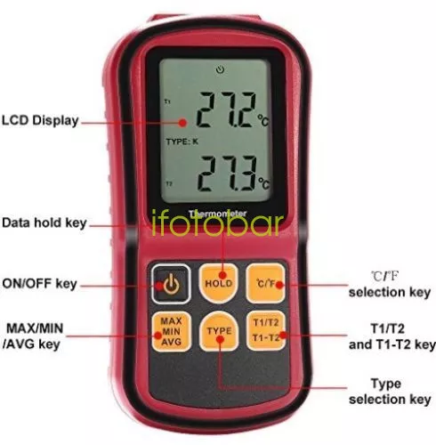 GM1312 LCD Thermocouple Thermometer Measure J K T E N R Type 2 Channel w/ wire 3