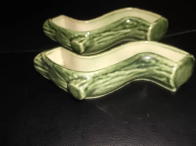 Pair Vintage Wade Porcelain High Glazed Green Posy Trough Vases Log S Shape