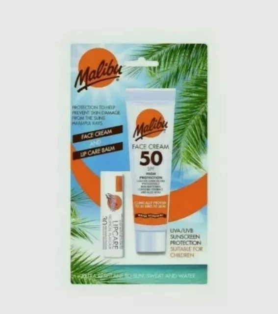 Malibu Face Sun Cream Spf50 Lip Care Balm Uva/Uvb Sunscreen Protection Travel Pk