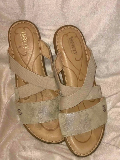 Born - beige cream ELASTIC & Gold leather Comfy Slide SANDALS - womens sz 9