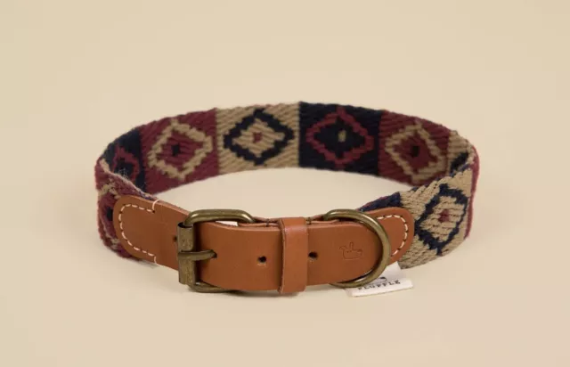 Dog Collar, FLUFFLE Handcrafted Genuine Leather and Cotton Webbing Dog Collar S