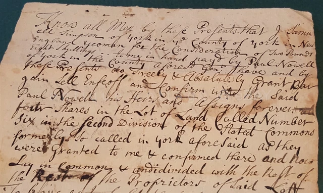 1752 antique COLONIAL DEED york me SAM SIMPSON sold shares in york commons