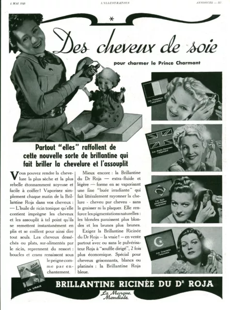 Publicité ancienne cheveux de soie brillantine Dr Roja 1940 issue de magazine