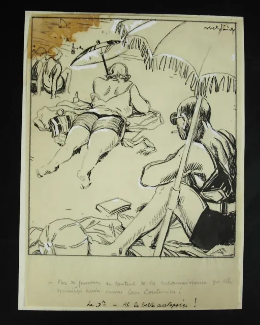 Abel Jules Faivre Voyeurismo Mujer Para El Playa Dibujo Humor c1930 Caricatura