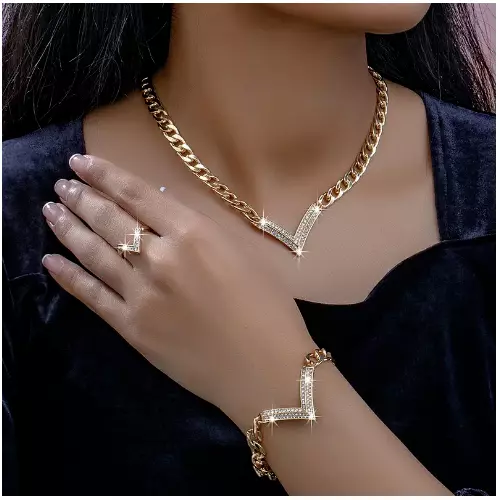 Damen Schmuck Set 14K Gold Vergoldet Halskette Armband Ring Strass Elegant  NEU