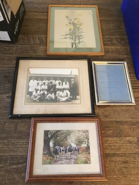 Old Framed  Possibly Drawing Print X4 Old Malton Cricket Team Etc 33/27cm