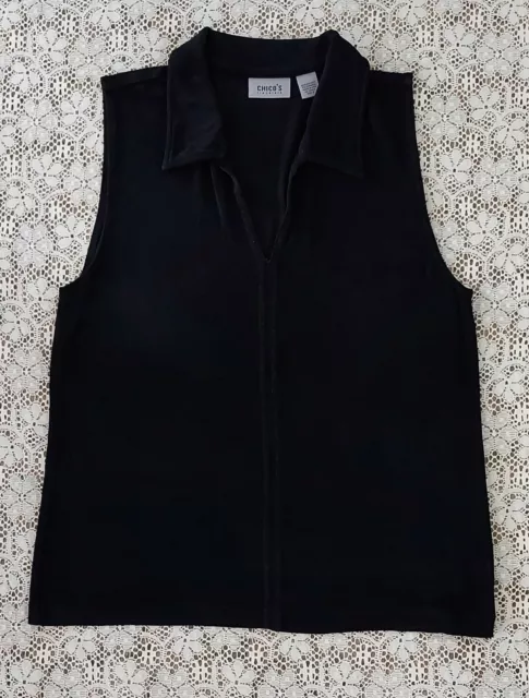 Chicos Travelers Womens Collared Sleeveless Tank Top Blouse Sz 3 Black XL Great