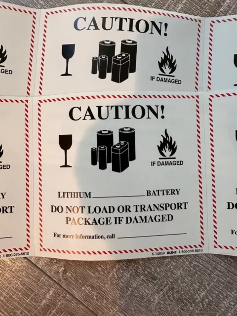 ULINE CAUTION LITHIUM Battery Handling Safety Label Stickers 4-5/8
