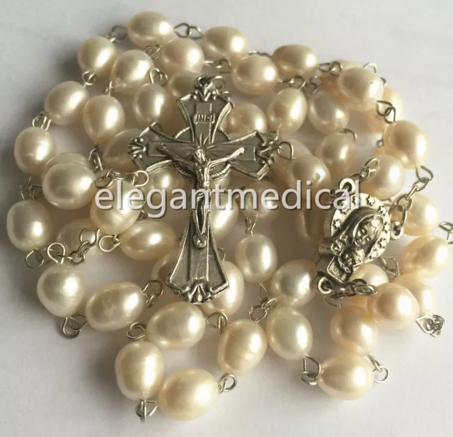 RARE 9MM Freshwater pearl BEADS CATHOLIC ROSARY CROSS GIFT Crucifix NECKLACE BOX