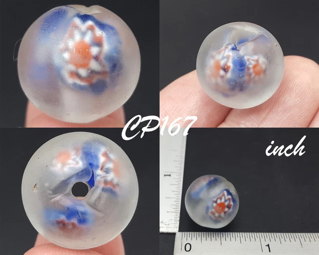Very Rare Floral Blue & Red EYE Islamic Mosaic White Glass Bead Decorated #CP167