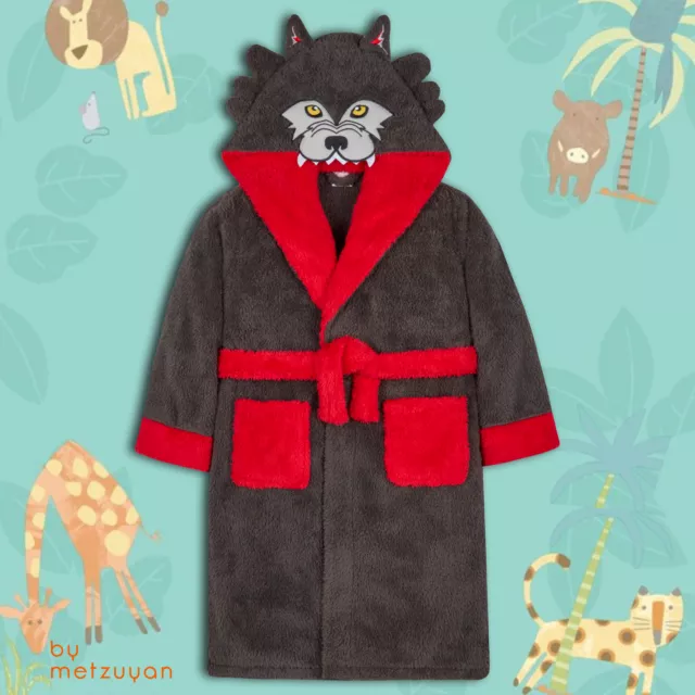 Childrens Boys Soft Wolf Dressing Gown Robe Hooded Novelty Cosy Snuggle Fleece