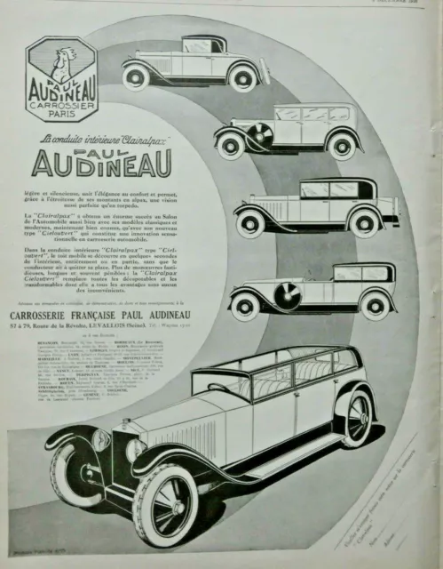 Publicité De Presse 1926 Carrossier Paul Audineau Conduite Intérieure Clairalpax