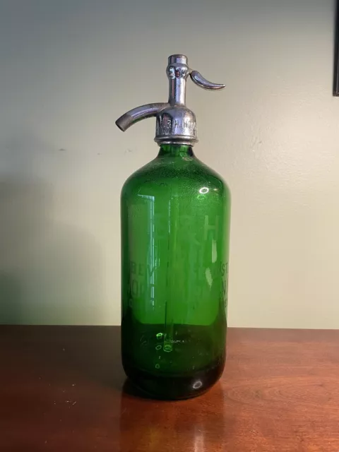 Seltzer Bottle Vintage Green Glass L. Woodbourn NY 26oz Antique