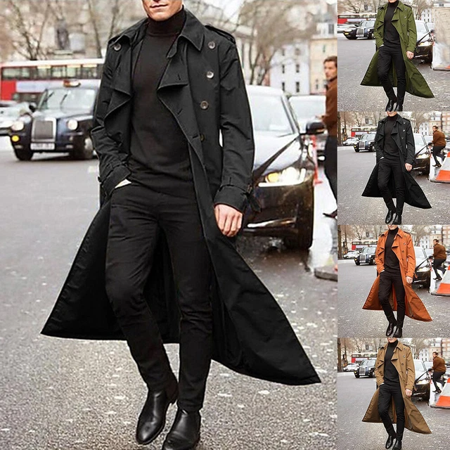 Mens Long Slim Trench Coat Double-Breasted Lapel Windbreaker Parka Jacket S-2XL